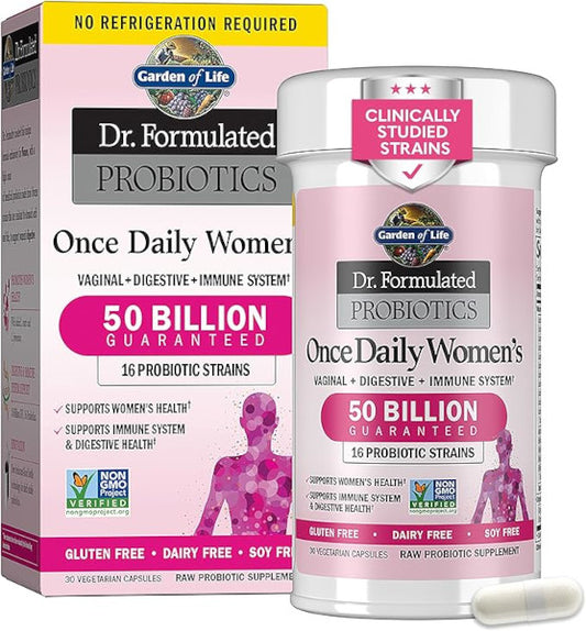 Garden of Life Once Daily Dr. Formulated Probiotics for Women 50 Billion CFU 16 Probiotic Strains with Organic Prebiotics for Digestive, Vaginal & Immune Health, Dairy Free, Shelf Stable 30 Capsules