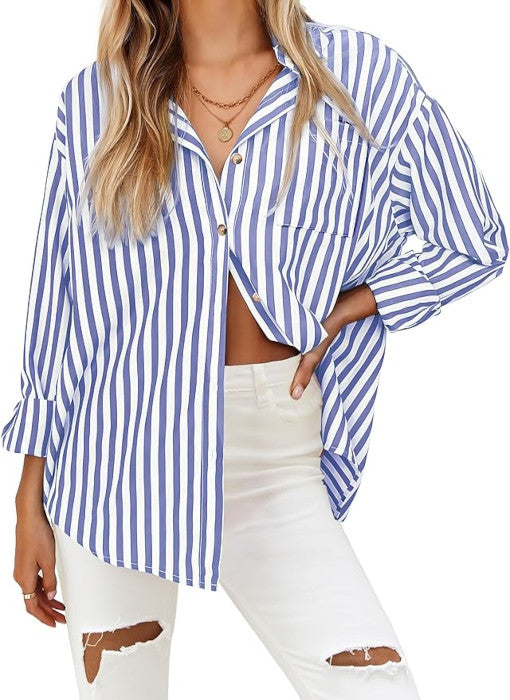 HOTOUCH Women's Striped Button Down Shirts Casual Long Sleeve Boyfriend Loose Collared Blouses Tops