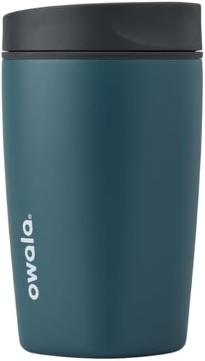 Owala SmoothSip Slider Insulated Stainless Steel Coffee Tumbler, Reusable Iced Coffee Cup, Hot Coffee Travel Mug, BPA Free 12 oz, Grey/Blue (High Dive)