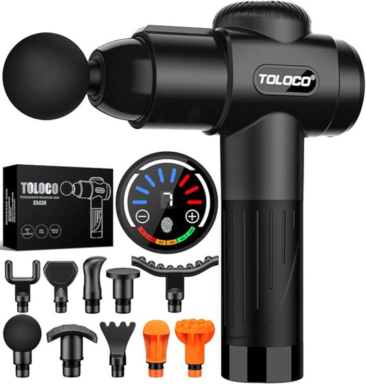 TOLOCO Massage Gun, Deep Tissue Back Massage for Athletes for Pain Relief, Percussion Massager with 10 Massages Heads & Silent Brushless Motor, Black