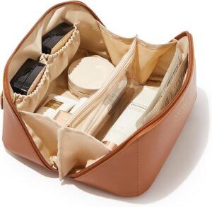 EACHY Large Travel Makeup Bag for Women – Waterproof Cosmetic Organizer with Handle, Adjustable Divider, and Flat-Open Design – Portable Toiletry Bag for Daily Use or Trips