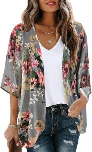 CHIGGAL Women's Floral Kimono Cardigan – Loose Fit Puff Sleeve Cover Up Blouse, Lightweight Casual Summer Tops for Beach, Travel & Everyday Wear