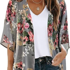 Women's Floral Print Puff Sleeve Kimono