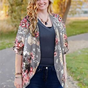 CHIGGAL Women’s Floral Kimono Cardigan – Loose Fit Puff Sleeve Cover Up Blouse, Lightweight Casual Summer Tops for Beach, Travel & Everyday Wear